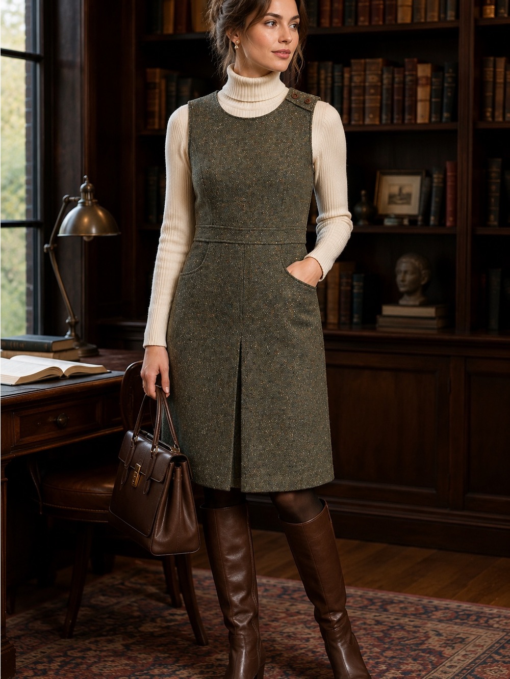 Vintage BCBG Korea Olive Flecked Tweed Pinafore Dress Dark Academia Wool